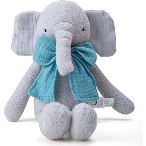 Stuffed Animal Organic Cotton Baby Plush Toys, 9” Organic Sitting Elephant with Rattle Soft Cuddly Toy for Boys and Girls