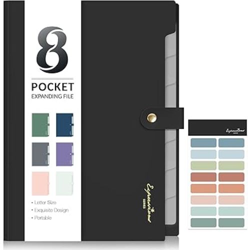 Sooez Elegant Accordion File Organizer with Labels, 8 Pocket Expanding File Folder, Portable Folders for Documents, Cute Paper Organizer for School Office Supplies, Letter Size, Black