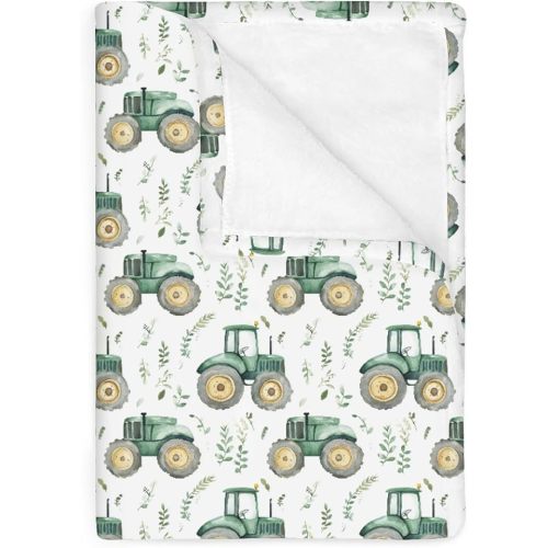 Watercolor Green Tractors Baby Blankets for Boy Girl Farm Tractors Boho Leaves Soft Flannel Nursery Bed Blankets for Infant Toddler Crib Stroller Swaddle Receiving Blanket Playmat 40x50inch