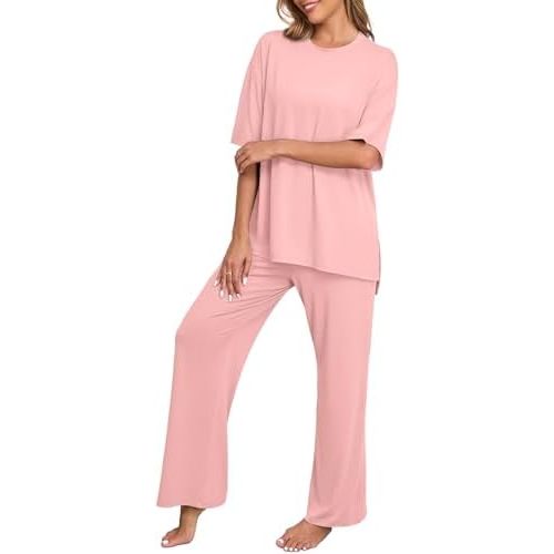 PrinStory Womens Pajamas Sets 2 Piece Lounge Set Short Sleeve Tops and Long Pants Soft Pjs Loungewear with Pockets