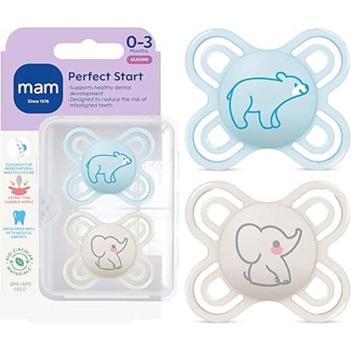 MAM Perfect Baby Premium Pacifier 0-3 Months, Extra Thin Nipple, Developed with Orthodontists, Clinically Proven, Glows in The Dark, BPA-Free Silicone, 2 Pack, Made in Europe