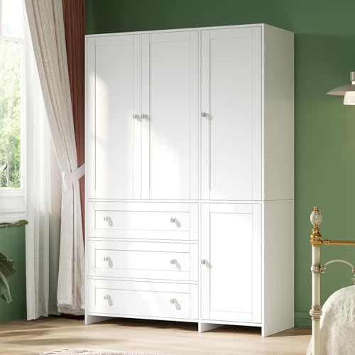 VOWNER 71" Armoire Wardrobe Closet with 3 Drawers and Mirror | Clothing Storage Cabinet with Hanging Rod, 4 Doors Wooden Wardrobe Cabinet for Bedroom, Large Capacity Storage