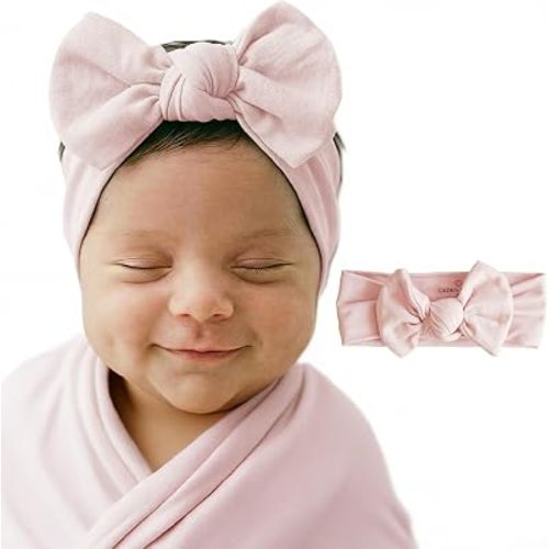 Caden Lane Baby Headwrap with Knotted Bow, Soft & Stretchy Bamboo Viscose, Comfortable Infant Hairband for Newborn & Toddler Girls, Ideal Gift for Baby Shower & Milestone Celebration, Pale Pink