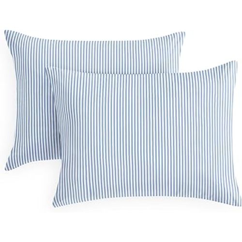 Wake In Cloud - Striped Pillow Cases, Ticking Vertical Pin Stripe Modern Farmhouse Pattern Printed, Set of 2 Soft Pillowcases Pillow Shams Covers, Blue White, Standard Size 20x26 Inches