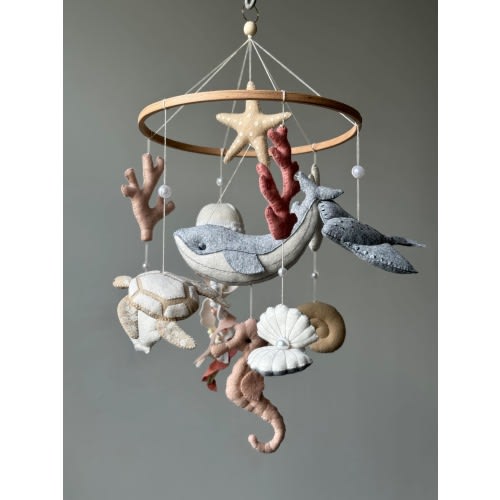 Blue Whale Baby Mobile: Handmade Felt Nautical Creatures Nursery decor, Corals Shells Starfish