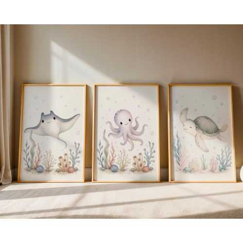 Set of 3 Sea Animals | Turtles Octopus Stingray | Kids / Nursery Wall Art | Ocean Prints