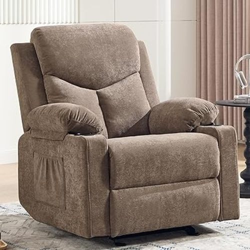 Manual Rocker Recliner Chair for Adults with Vibration Massage,Glider Rocking Recliner for Living Room Bedroom Nursery, Overstuffed Reclining Sofa Chair with Pockets and Cup Holds,Coffee