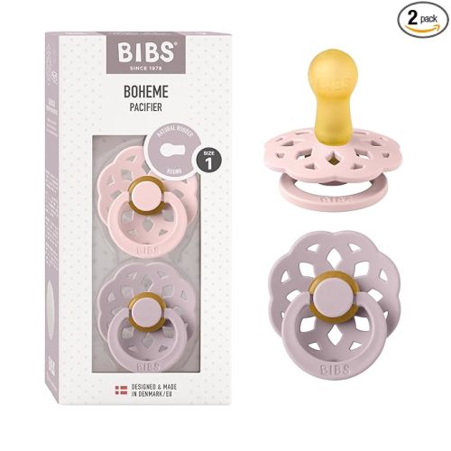 BIBS Pacifiers - Boheme Collection | BPA-Free Baby Pacifier | Made in Denmark | Set of 2 Blossom/Dusky Lilac Color Premium Soothers | Size 0-6 Months