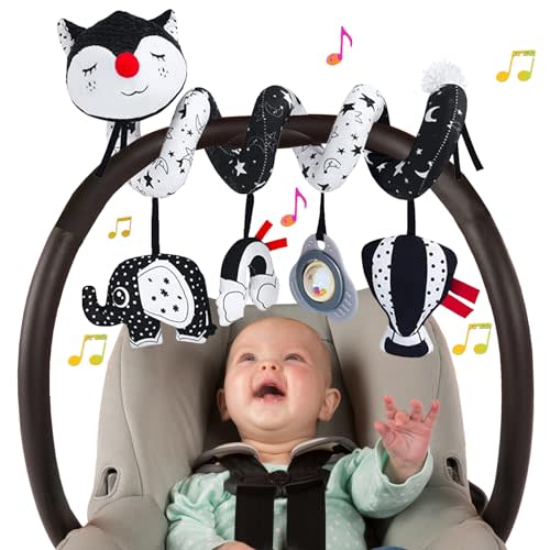 Car Seat Toys for Infants 0-6 Months, High Contrast Baby Toys Black and White Hanging Crib & Stroller Toy 3-6 Newborn Developmental Toy 0-3-6-12 Months with Music Rattles