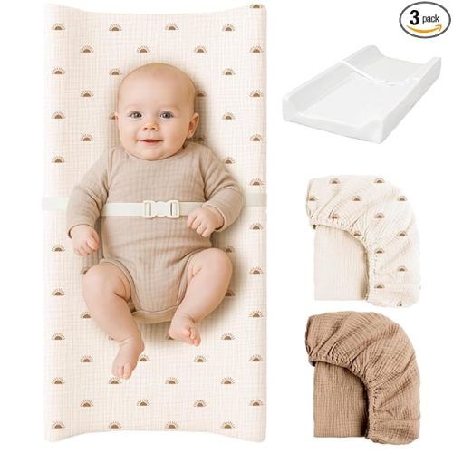Konssy Muslin Changing Pad with Waterproof Lining Foam, Includes 2 Pack Soft & Cotton Cover, Baby Diaper Changing Pad for Dresser or Table, 32x16 inches (Sun,Camel)