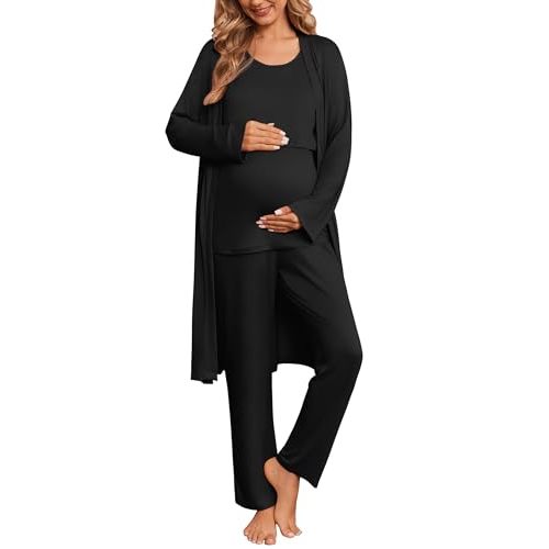 Ekouaer Nursing Pajamas Maternity Robe Set 3 Pieces Postpartum Maternity Pajama Set Pregnancy Breastfeeding Pj