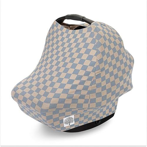 Parker Baby 4 in 1 Car Seat Cover for Girls and Boys - Stretchy Carseat Canopy, Nursing Cover, Grocery Cart Cover, High Chair Cover - "Stormy Blue Checker"