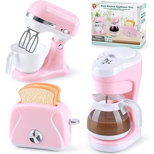 Kitchen Appliances Toys, Kids Play Kitchen Accessories Set, Pretend Kitchen Toys for Kids Ages 4-8, Coffee Maker, Mixer, Toaster with Realistic Lights & Sounds, Gift for Girls Ages 3+
