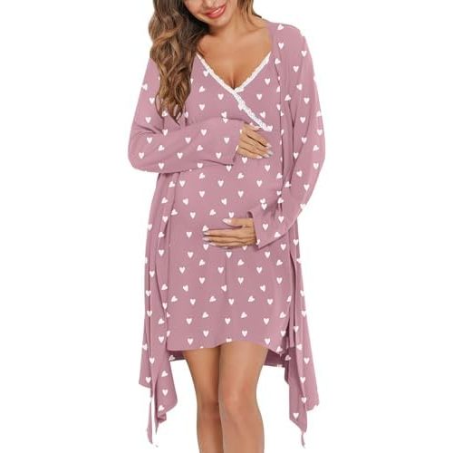 SWOMOG Womens Maternity Robe 2 Piece Nursing Nightgown for Breastfeeding 3 in 1 Labor Delivery Nursing Dress Lace Bathrobe