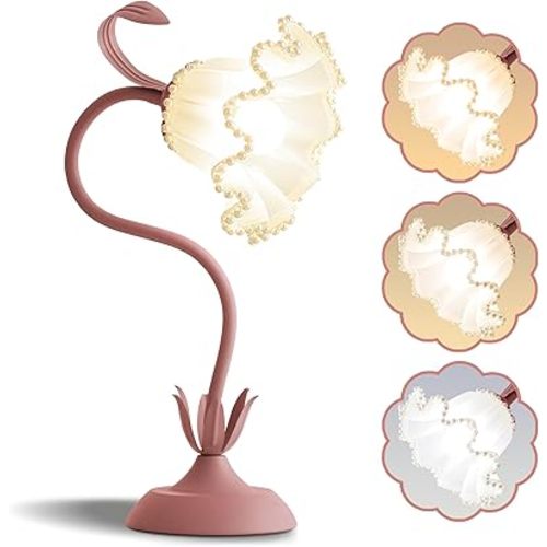 Flower Table Lamp Bedside Lamps LED Reading Light,3 Color Modes Cute Small Lamp,Vintage Flower Lamp Kawaii Table Lamp for Bedroom Living Room Office Dorm Desk Home Decor (Pearl Pink lamp)