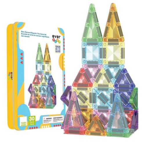 EverPlay Magnetic Tiles Building Blocks Nano Magnet Tile Set w/ Tin Storage Box, STEM Educational Construction Toys for Kids Boys Girls, 30pcs