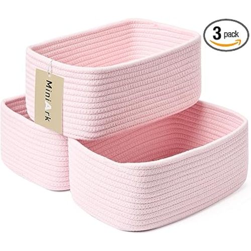 Small Storage Baskets for Organizing | Closet Organizer Bins | Shelf Toy Basket | Woven Rope Baskets | Cube Decorative Box | Shallow Basket | 11.5x7.5x4.7” | 3 Packs Light Pink