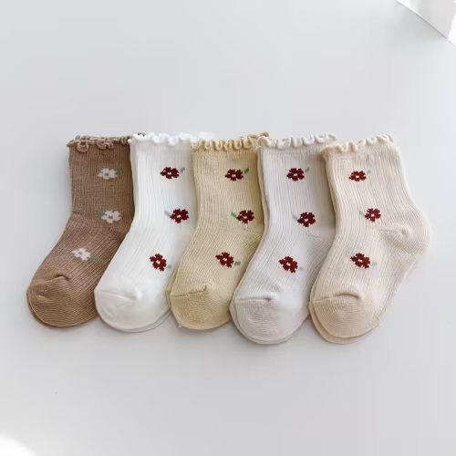 5 pairs cute baby girls calf socks edges floral - Temu