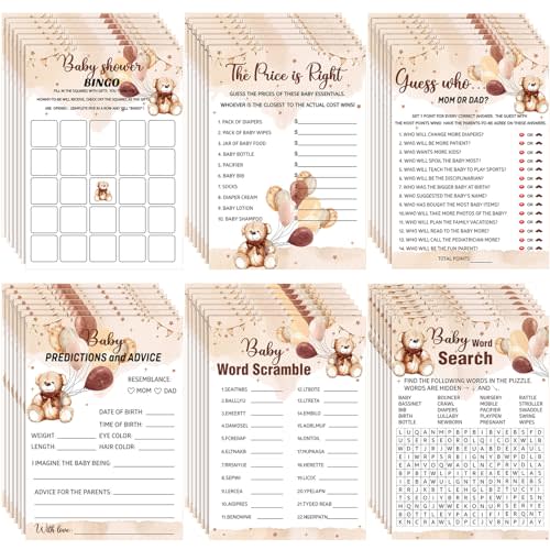 Jetec 302 Pcs Bear Baby Shower Games Set 6 Games Include Baby Shower Bingo Word Scramble Word Search Predictions and Advice The Price is Right Guess Who Mom or Dad(Brown Bear)
