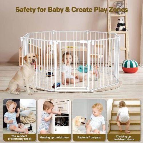 White Foldable Baby Gate Playpen, Extra-Wide, Auto-Close Door, Double Locking System, 27.5"-199"