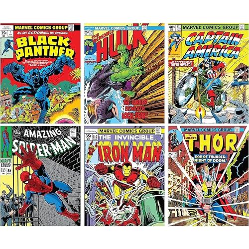 Superhero Wall Art – Superhero Vintage Comic Books Decor Unframed Set of 6 Prints, 8x10 Inch, Super Heroes Poster Room Decor, Vintage Posters for Kids Adults Boys Bedroom (Yellow)