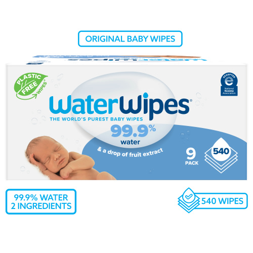 WaterWipes Plastic-Free Original Baby Wipes, 99.9% Water Based Wipes, Fragrance-Free for Sensitive Skin, 540 Count (9 Packs)