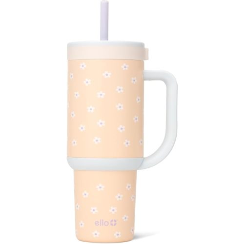 Ello Oasis 30 oz Tumbler with Handle & Retracting Straw | Reusable Insulated Stainless Steel Cup 100% Leakproof, Gifts for Teens Women Men | Keeps cold for 24 Hours, Cup Holder Friendly, Daisies