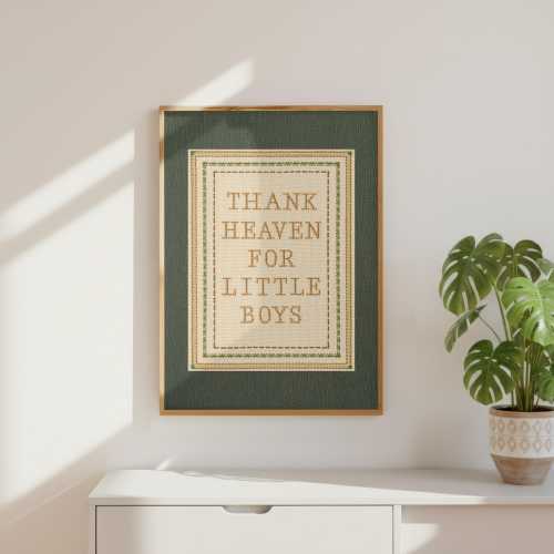 Thank Heaven for Little Boys Embroidered Poster, Vintage Nursery Wall Art, Baby Boy Room Decor, Cross Stitch Style Print, Baby Shower Gift