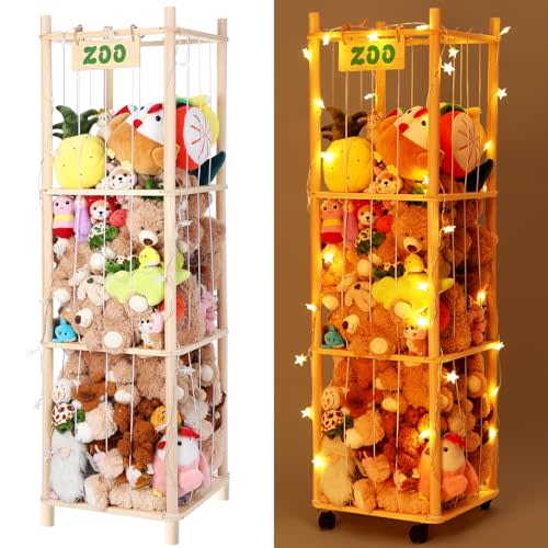 CroBlissful Stuffed Animal Zoo Storage with USB Star String Lights Wood Soft Cage Toy Organizer Stuffed Animal Display Tube Shelf Nursery Room Organizer for Nursery Play Room Bedroom Kid Room