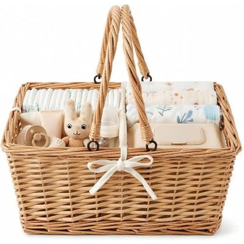 Wicker Diaper Caddy Organizer, Woven Rattan Diaper Caddy Basket with Removable Divider for Changing Table, Portable Car Organizer for Diapers Storage, Baby Shower Gifts