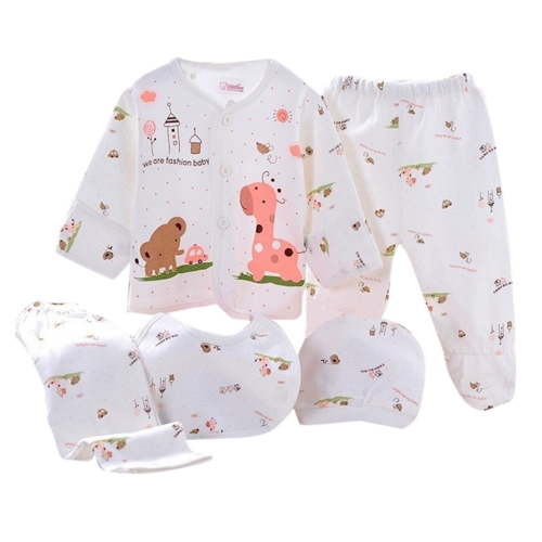 Edvintorg 5PCS cute cartoon printed Pyjamas Set for Newborn clothes Baby Boys Girls Long Sleeve Tops+Hat+Pants+Bib sets Baby Costume On Clearance
