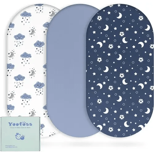 Yoofoss Bassinet Sheets for Baby,3-Pack Fitted Bassinet Sheets Set Compatible with Halo Bassinest Swivel Sleeper,Baby Delight,Angelbliss,Soft Breathable Bassinet Mattress Sheets(Blue+Cloud)