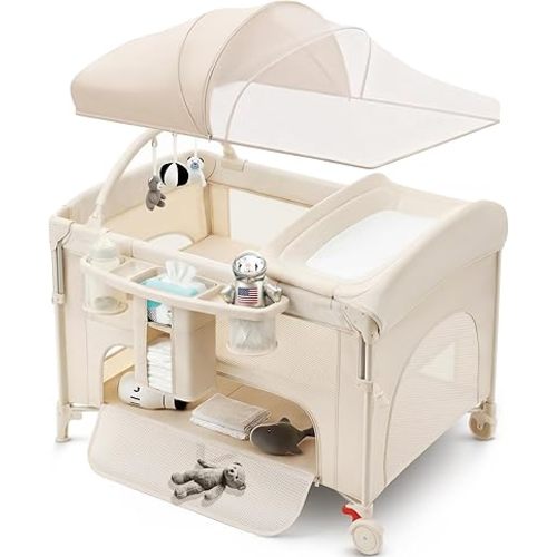 4 in 1 Baby Bassinet Bedside Crib with One-Hand Setup & Waterproof Mattress – ASTM-Certified Pack and Play, Portable Foldable Playard with Diaper Changer for Newborn to Toddler(Khaki)