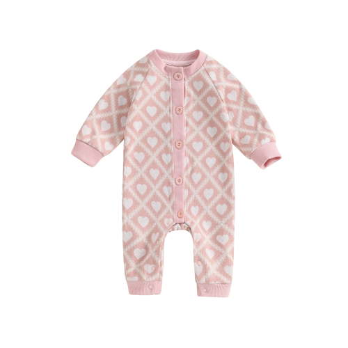 Baby Girl Boy Valentine 's Day Outfit Newborn Knitted Sweater Romper Heart Print Long Sleeve Button Down Jumpsuit