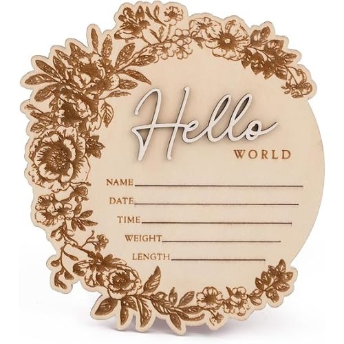 Baby Name Announcement Sign – Floral Wooden Hello World Plaque for Newborn Photo Prop