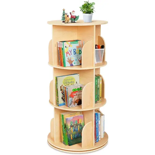 OOOK Kids Rotating Bookshelf, Small Corner Bookshelf for Small Space, 360° Display 3 Tier Floor Standing Bookcase Storage Rack, Wooden Narrow Bookcase Organizer for Bedroom, Living Room