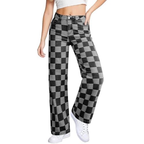Sidefeel Women's Wide Leg Jeans High Waisted Stretchy Straight Leg Checkered Loose Denim Pants