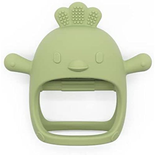 Chick Shape Baby Teething Toys, Never Drop Hand Wrist Teether, Baby Chew Toys for Sucking Needs, Food-Grade Silicone Baby Mitten Teether for Soothing Teething Pain Relief, Easy to Grip(Olive Green)