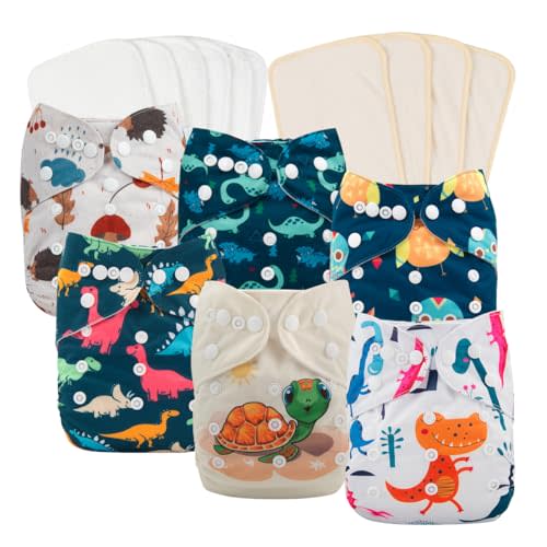babygoal Reusable Cloth Diapers 6 Pack+10pcs Inserts, One Size Adjustable Washable Pocket Nappy Covers for Baby Boys and Girls