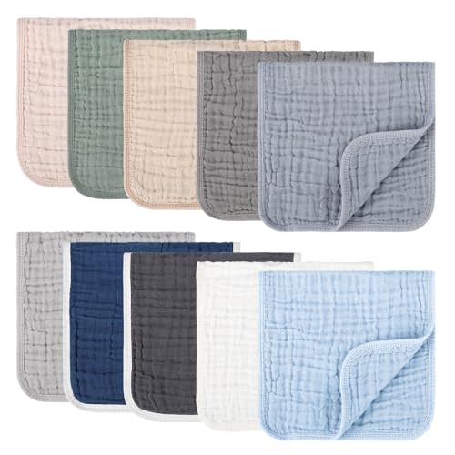 Synrroe 10 Pack Muslin Burp Cloths, 20x10Inch, 10 Mixed Colors, Soft Absorbent Baby Burping Rags