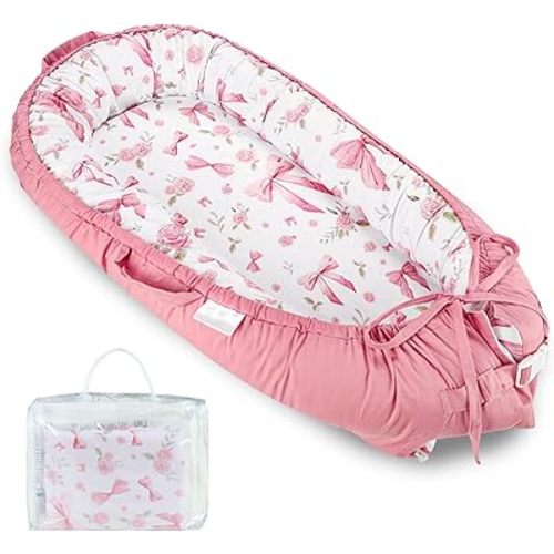 Baby Lounger Pillow with Cover, Soft & Comfortable Infant Lounger for Newborn, Skin Friendly 100% Cotton Pink Pillowcase, Portable Nest for Home and Travel, Babies Essentials Gifts