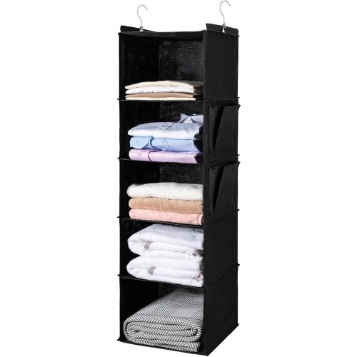 BOOMIBOO Hanging Closet Organize and Shelves,5-Hanging Shelf with 2 Side Pockets,Storage Foldable (Grey)