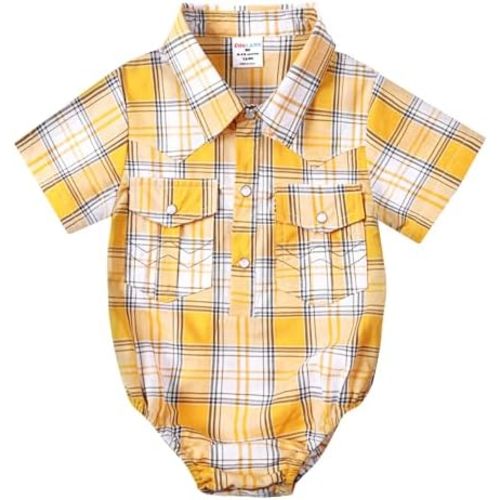 COSLAND Baby Boys' Western Clothes Short Sleeve Cotton Plaid Bodysuit, Infant Cowboy Shirt, 0-18 Months