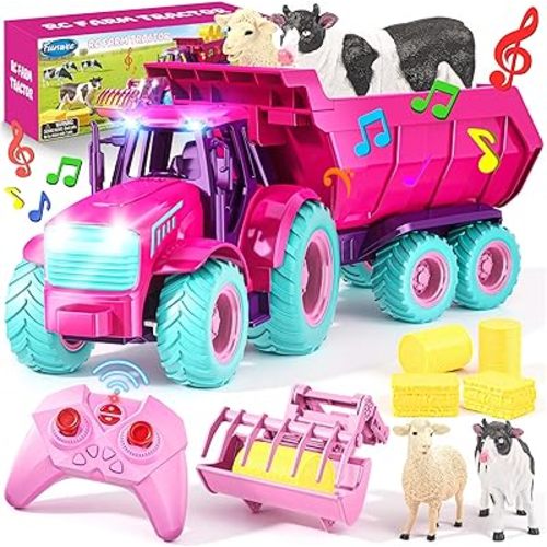 Funwee RC Tractor Toy Set with Light & Sound, Kids Farm Car Animal Trailer Wheels Remote Truck, Outdoor Vehicle Toys for 3-7+ Years Old Toddler Boy and Girl Gift(Rose red)