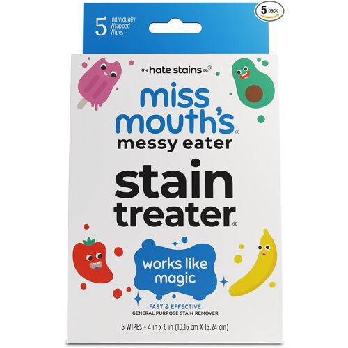 Miss Mouth's Messy Eater Stain Treater Wipes - 5 Pack Stain Remover - Newborn & Baby Essentials - No Dry Cleaning Food, Grease, Coffee Off Laundry, Underwear, Fabric
