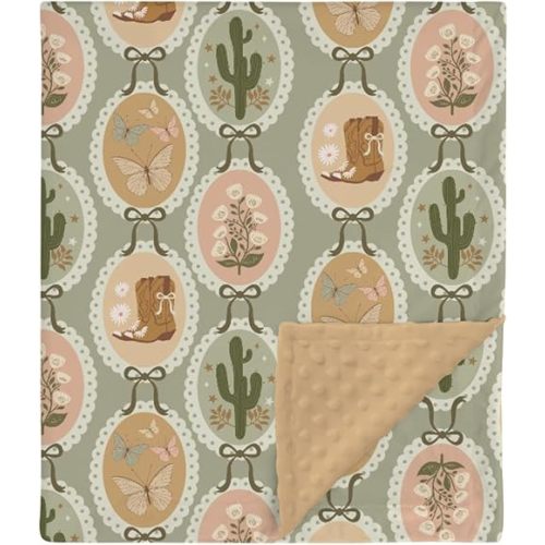 HawSkgFub Retro Boho Cowgirl Mink Baby Blanket Dotted Backing Girl Shower Gift, Vintage Bow Cactus Boots Double Layer Nursery Swaddle, Brown Green Soft Newborn Infant Toddler Bed Crib Bedding 30 x 40