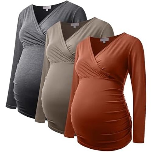 Maternity Shirt Long Sleeve Top Wrap V Neck Blouse Cross Over Nursing Tshirt