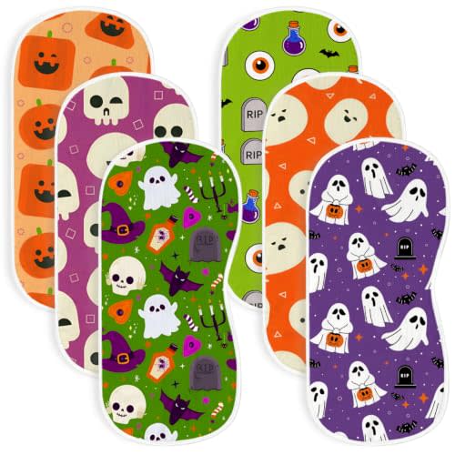 6 Pack Halloween Baby Burp Cloths, Soft Cotton Spooky Ghost Pumpkin Skull Burp Cloths, Super Absorbent Fall Season Spit Up Rags Washcloths, Newborn Baby Boy Girl Registry Essentials Gift Set