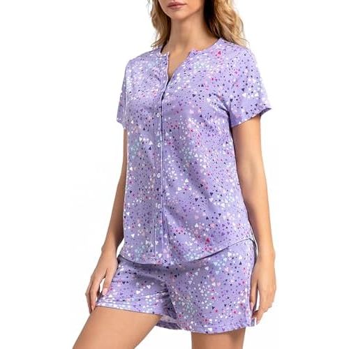 ENJOYNIGHT Womens Pajama Set Cotton Summer Pj Shorts Button Down Sleepwear with Pockets