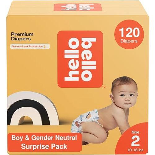 Hello Bello Diapers, Size 2 (10-16 lbs) Surprise Pack for Boys - 120 Count of Premium Disposable Baby Diapers, Hypoallergenic with Soft, Cloth-Like Feel - Assorted Boy & Gender Neutral Patterns